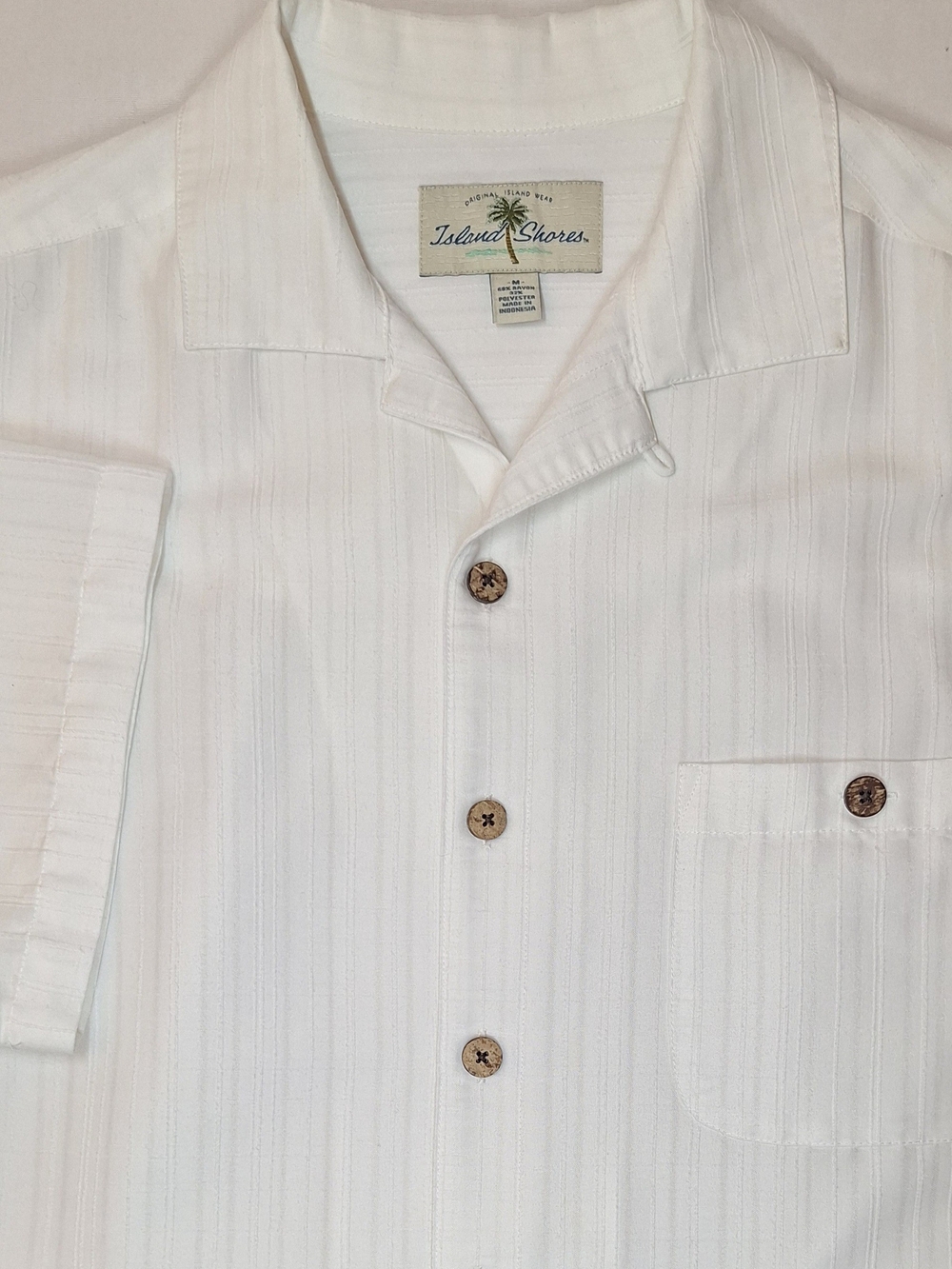 Island Shores White Textured Striped Short Sleeve Camp Shirt Size M